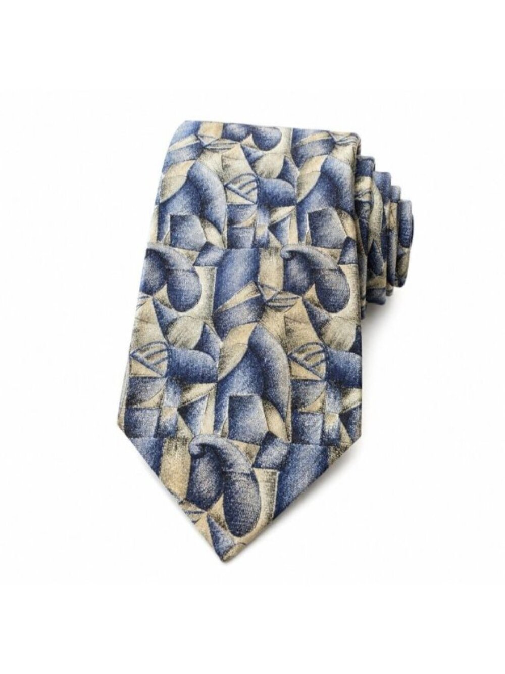 Geoffrey Beene Abstract Geometric Silk Tie Blue Tan USA Made Cubist Art Necktie
